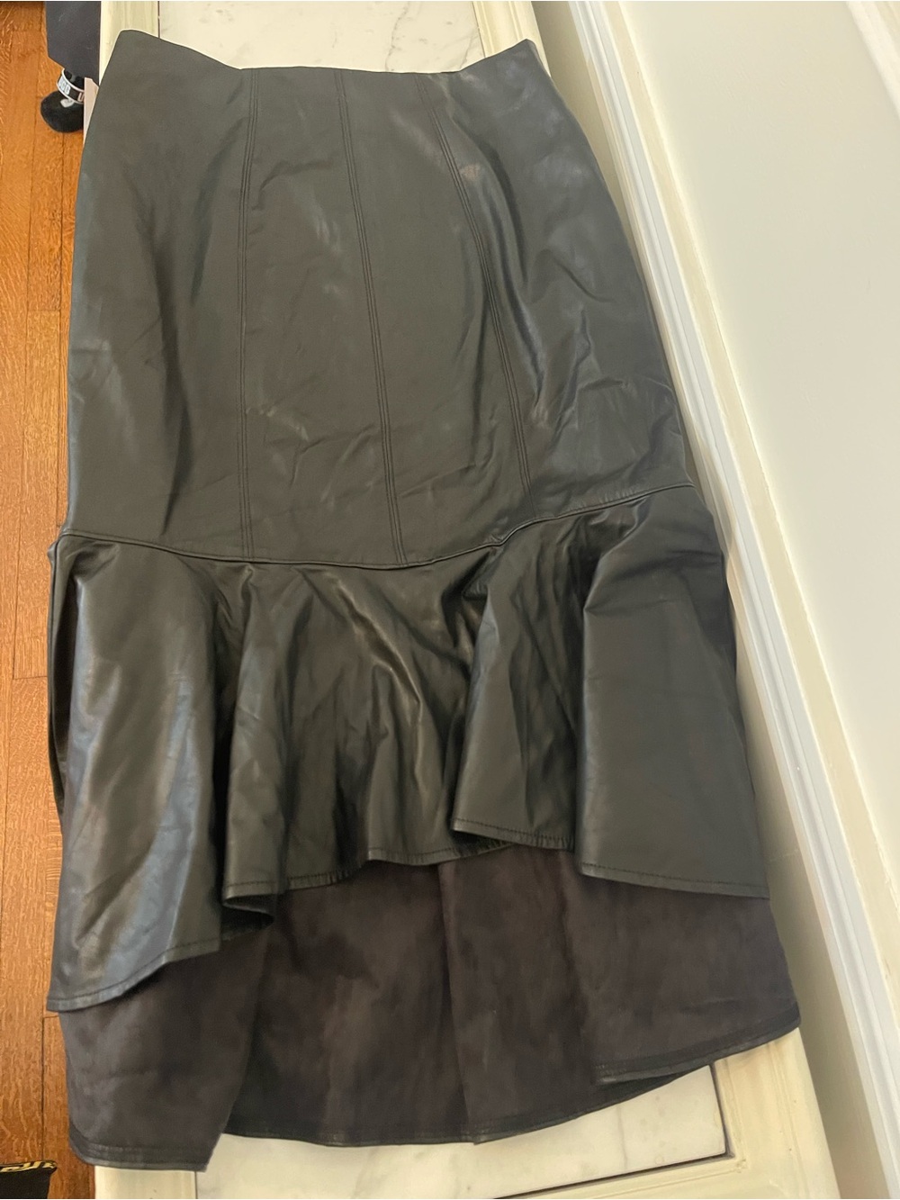 New York & Company Black Faux Leather High-Low Ruffle Skirt - Picture 2 of 7